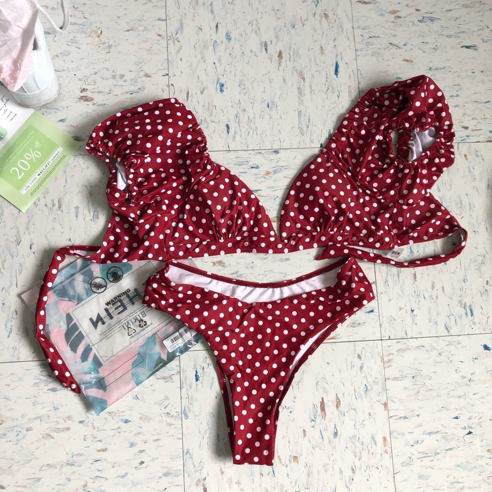 Shein polka dot puff sleeve tie bikini swimsuit